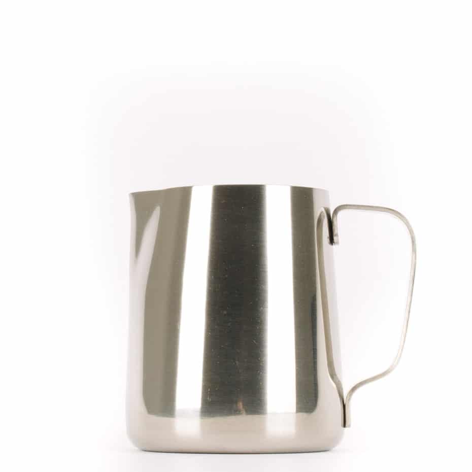 A 12-ounce stainless steel milk steaming pitcher.