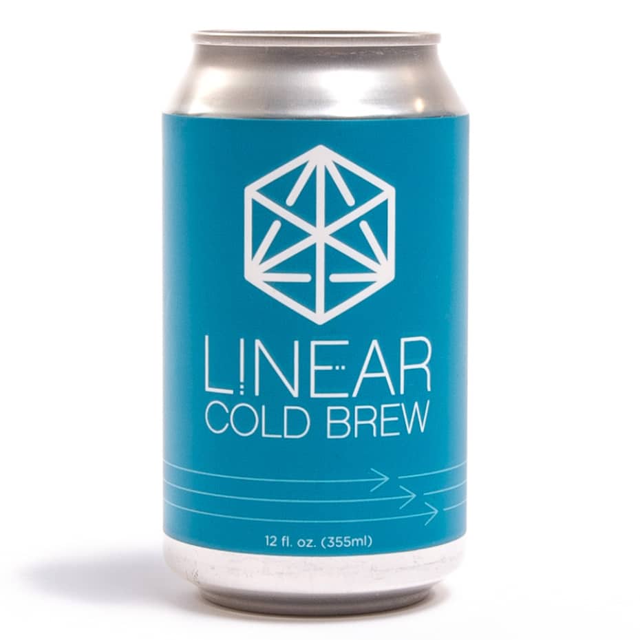 A blue can of Linear Cold Brew featuring the logo and text in white.