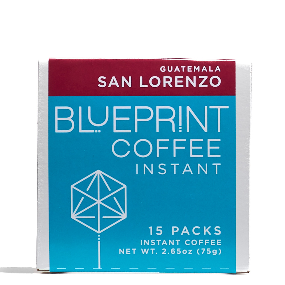 A white box containing San Lorenzo, Guatemala instant coffee roasted by Blueprint Coffee. The box features the Blueprint Coffee logo in blue and the coffee name in red.